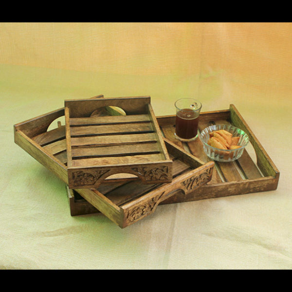 my indian brand exclusive wooden handcarved tray set of 3