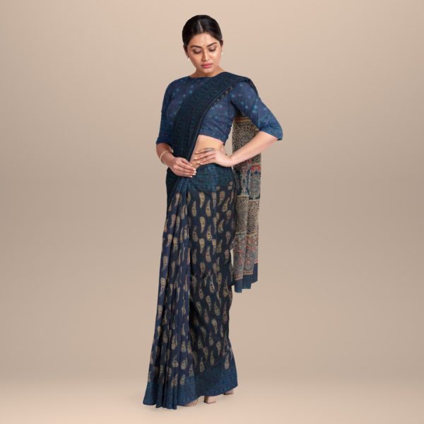 MyIndianBrand Bagru Indigo Cotton Saree with Beige Block Print 2