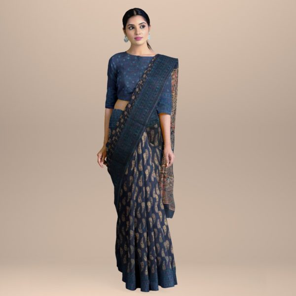 MyIndianBrand Bagru Indigo Cotton Saree with Beige Block Print 5