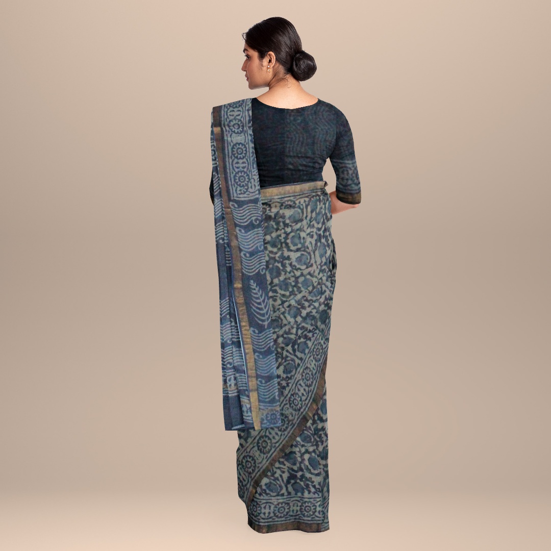 MyIndianBrand Indigo Kota Cotton Saree with Seawave Inspired Block Print3