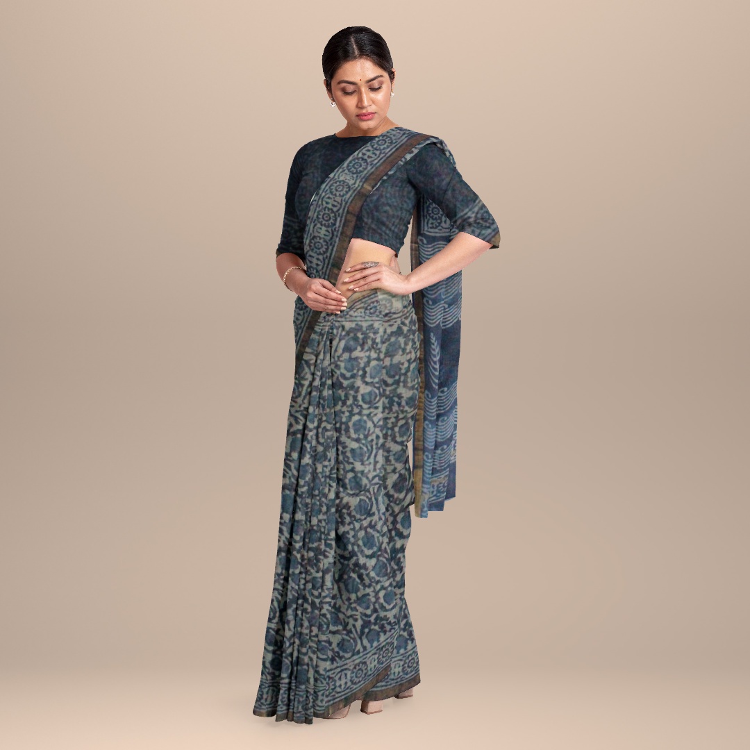 MyIndianBrand Indigo Kota Cotton Saree with Seawave Inspired Block Print2