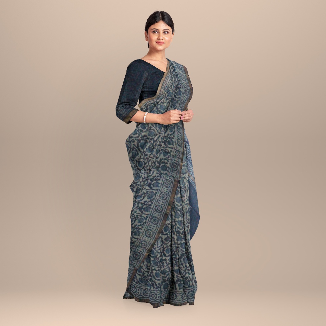 MyIndianBrand Indigo Kota Cotton Saree with Seawave Inspired Block Print4