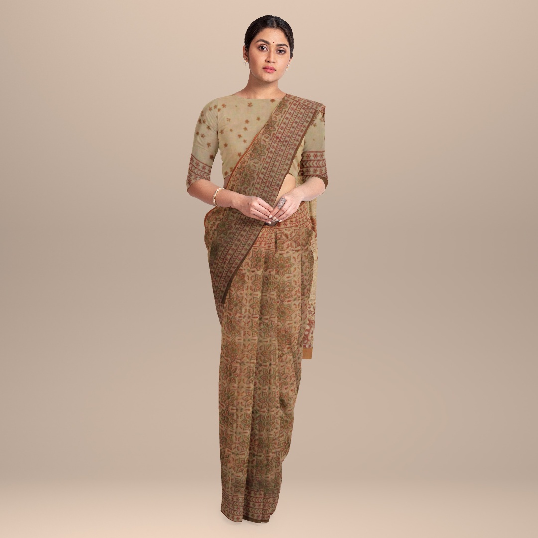 my indian brand bagru block print saree black brown colour