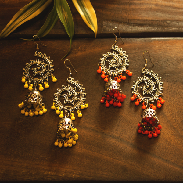 Oxidised Spiral Orange & Yellow Jhumki - Image 2