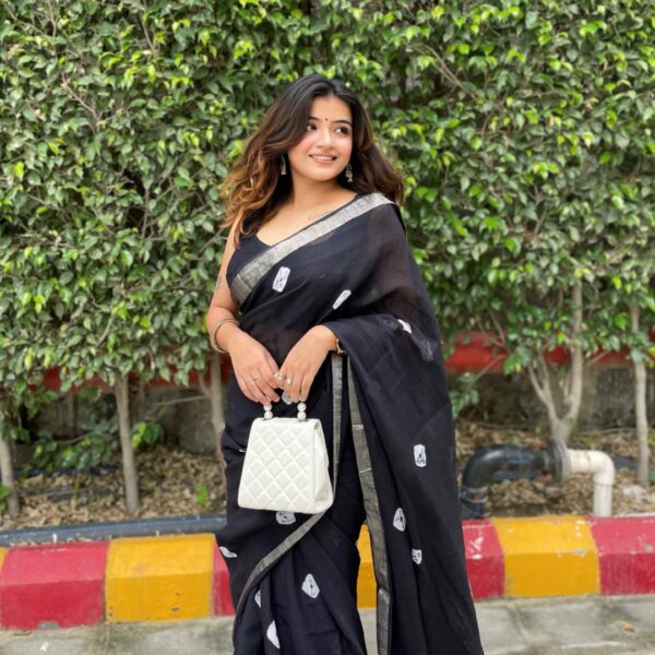 bagru cotton linen black saree with zari border