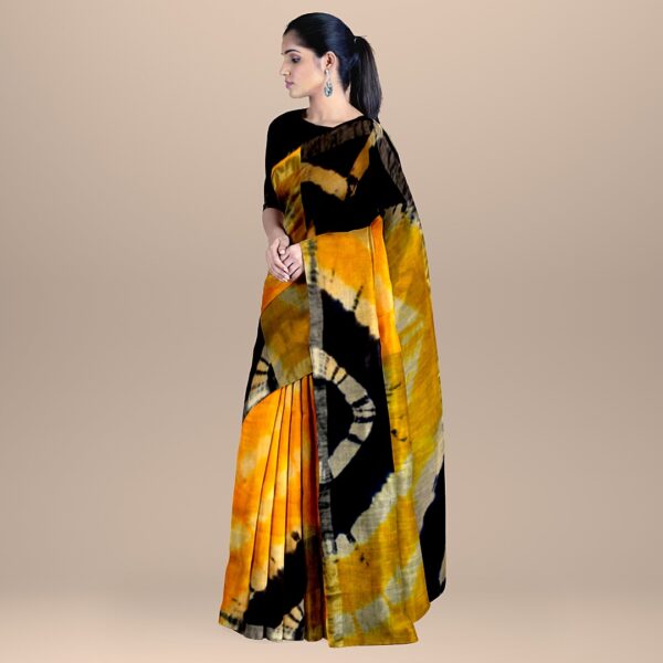 yellow black bagru cotton linen saree myindianbrand