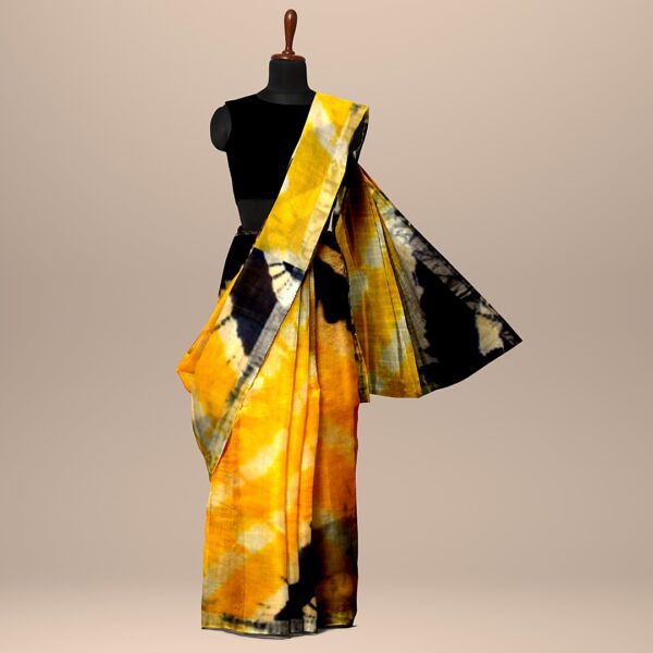 myindianbrand yellow black bagru cotton linen saree online