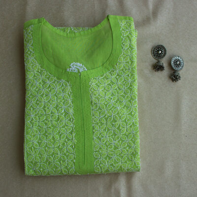Women Green & White Chikankari Hand Embroidered Cotton Straight Sustainable Kurta