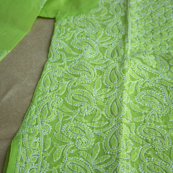Green & White Hand Embroidered Cotton Straight Chikankari Kurta