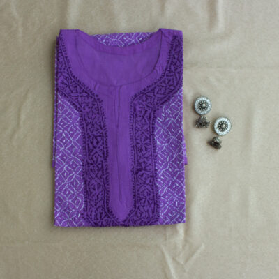 Women Purple & White Chikankari Hand Embroidered Cotton Straight Sustainable Kurta