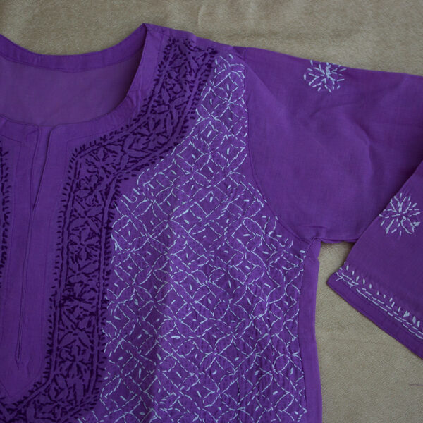Chikankari Hand Embroidered Women Purple & White Cotton Straight Sustainable Kurta