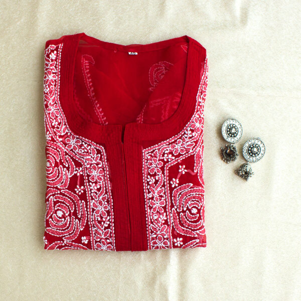 Women Red & White Chikankari Hand Embroidered Chiffon Straight Sustainable Kurta