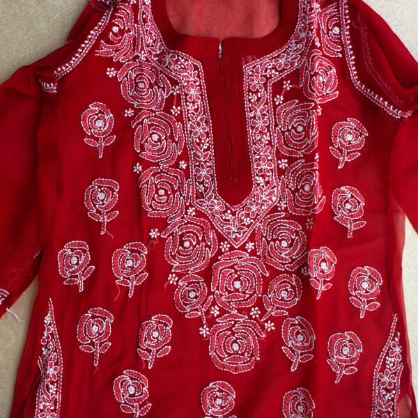 Women Red & White Chikankari Hand Embroidered Chiffon Straight Sustainable Kurta