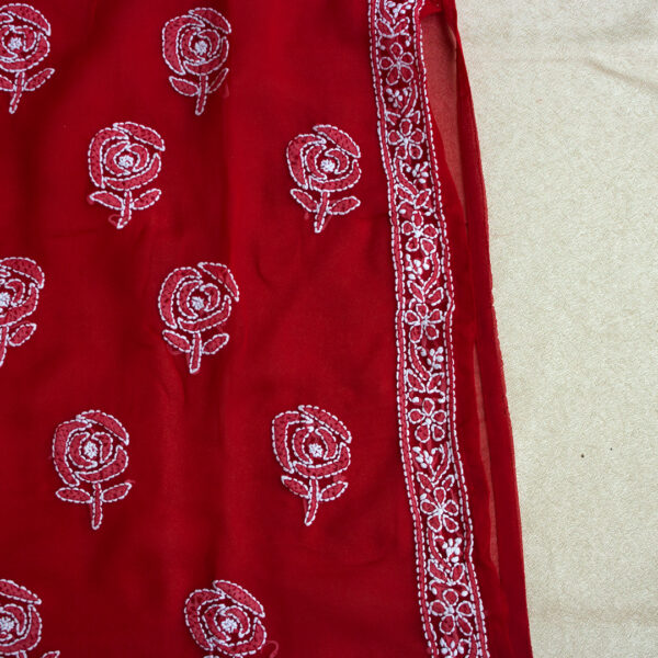 Women Red & White Chikankari Straight Sustainable Kurta Hand Embroidered Chiffon