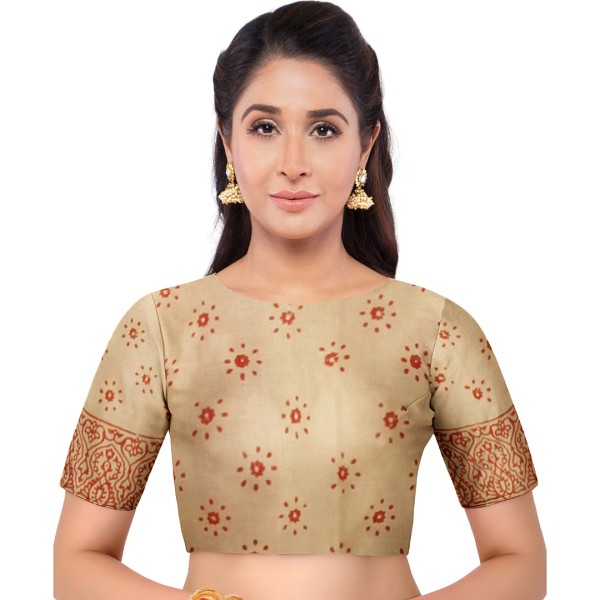 MyIndianBrand Beige Avni Fusion Bagru Cotton Saree with Hand Blockprint blouse