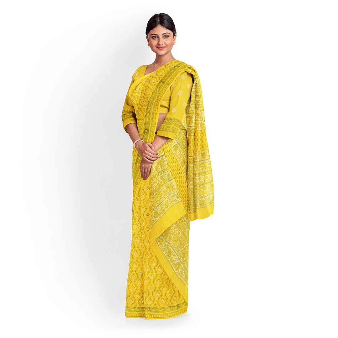 myindianbrand yellow cotton bagru printed handblock saree