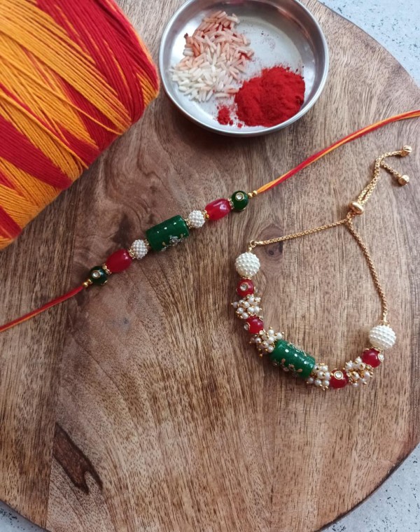 Green and Red Stone Beaded Rakhi with pearls (Pair of 2)