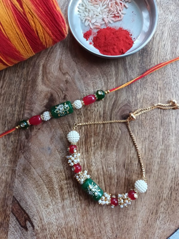 Green and Red Stone Beaded Rakhi with pearls (Pair of 2)