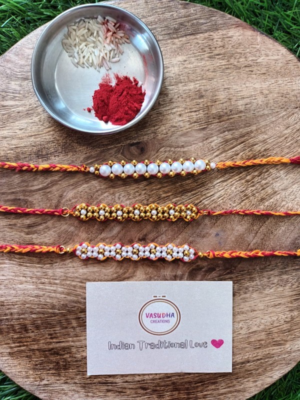 Handcrafted Multi Color Beaded and Pearl Rakhi (SEt of 3)
