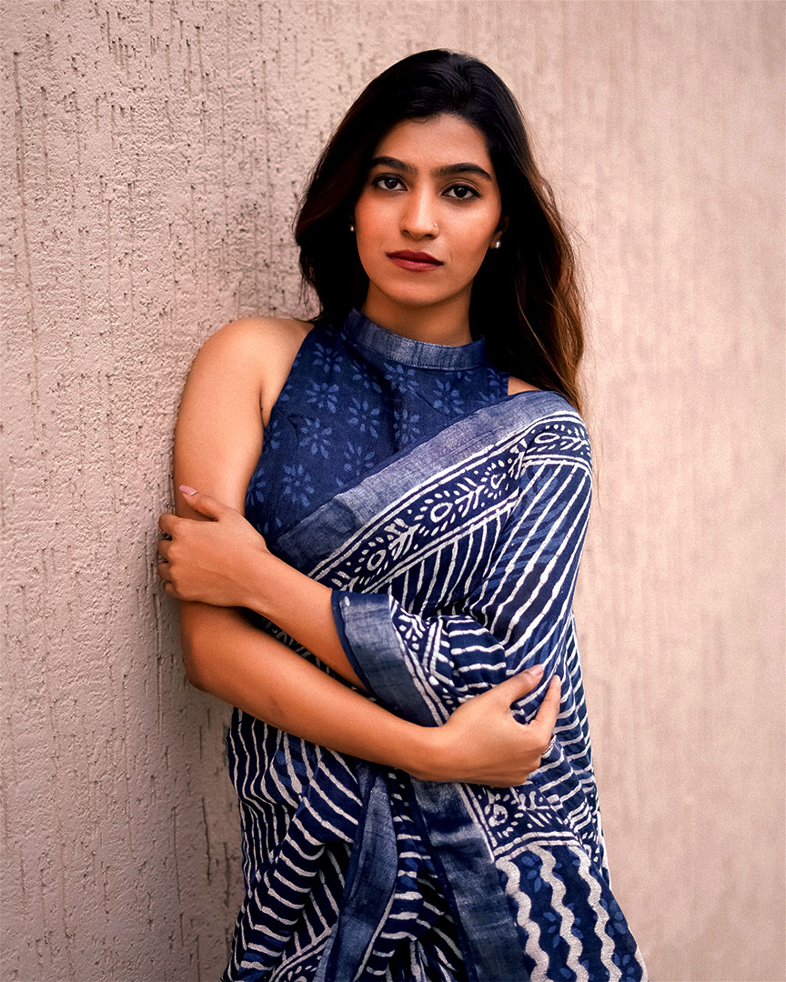 MyIndianBrand Blue Cotton Saree with Maroon floral Bagru Handprint