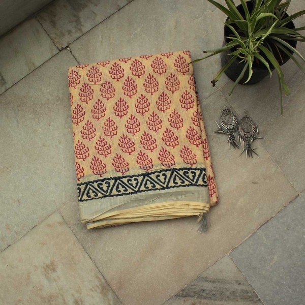 myindianbrand-handblock-Cream-red-pattern-cotton-linen-saree-with-zari-border-1pg