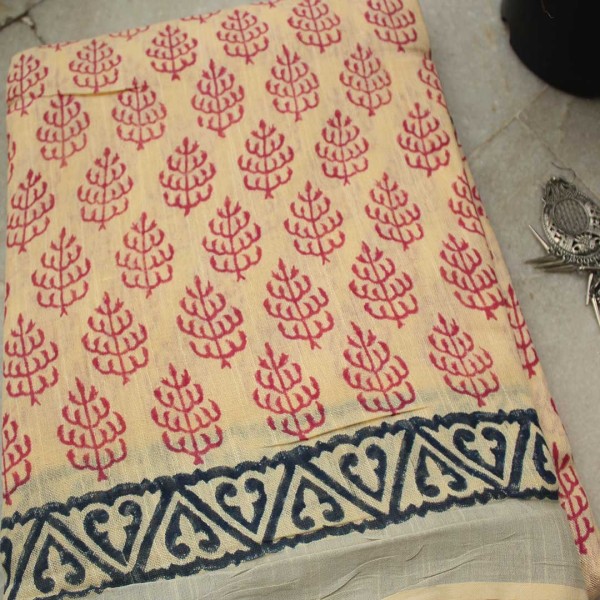 myindianbrand-handblock-Cream-red-pattern-cotton-linen-saree-with-zari-border-2pg