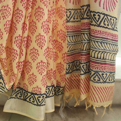 myindianbrand-handblock-Cream-red-pattern-cotton-linen-saree-with-zari-border-5pg