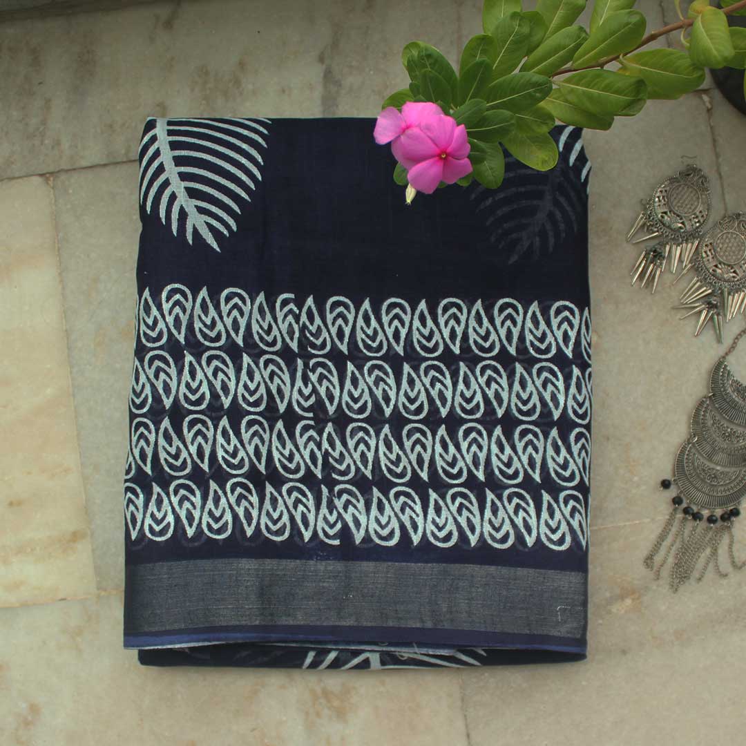 myindianbrand-handblock-indigo-white-booti-pattern-cotton-linen-saree-with-zari-border-1jpg