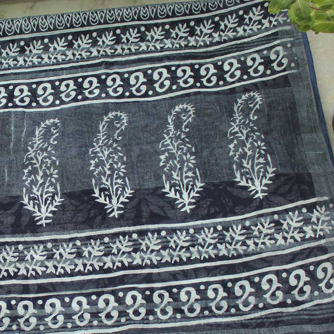 myindianbrand-handblock-indigo-white-booti-pattern-cotton-linen-saree-with-zari-border-7jpg