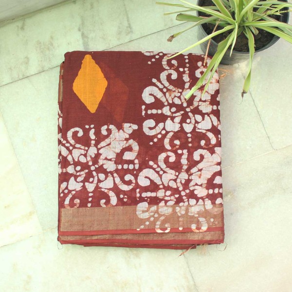 myindianbrand-handblock-rust-red-and-yellow-pattern-cotton-linen-saree-with-zari-border-1pg