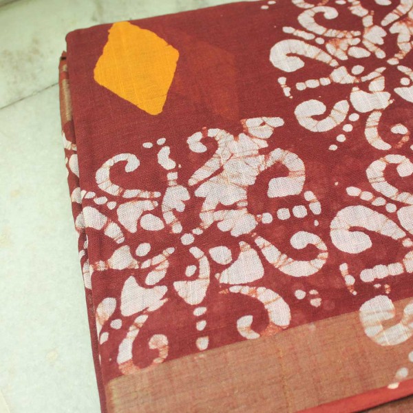 myindianbrand-handblock-rust-red-and-yellow-pattern-cotton-linen-saree-with-zari-border-2pg