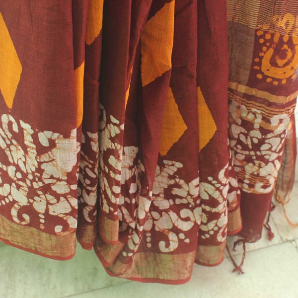 myindianbrand-handblock-rust-red-and-yellow-pattern-cotton-linen-saree-with-zari-border-4pg