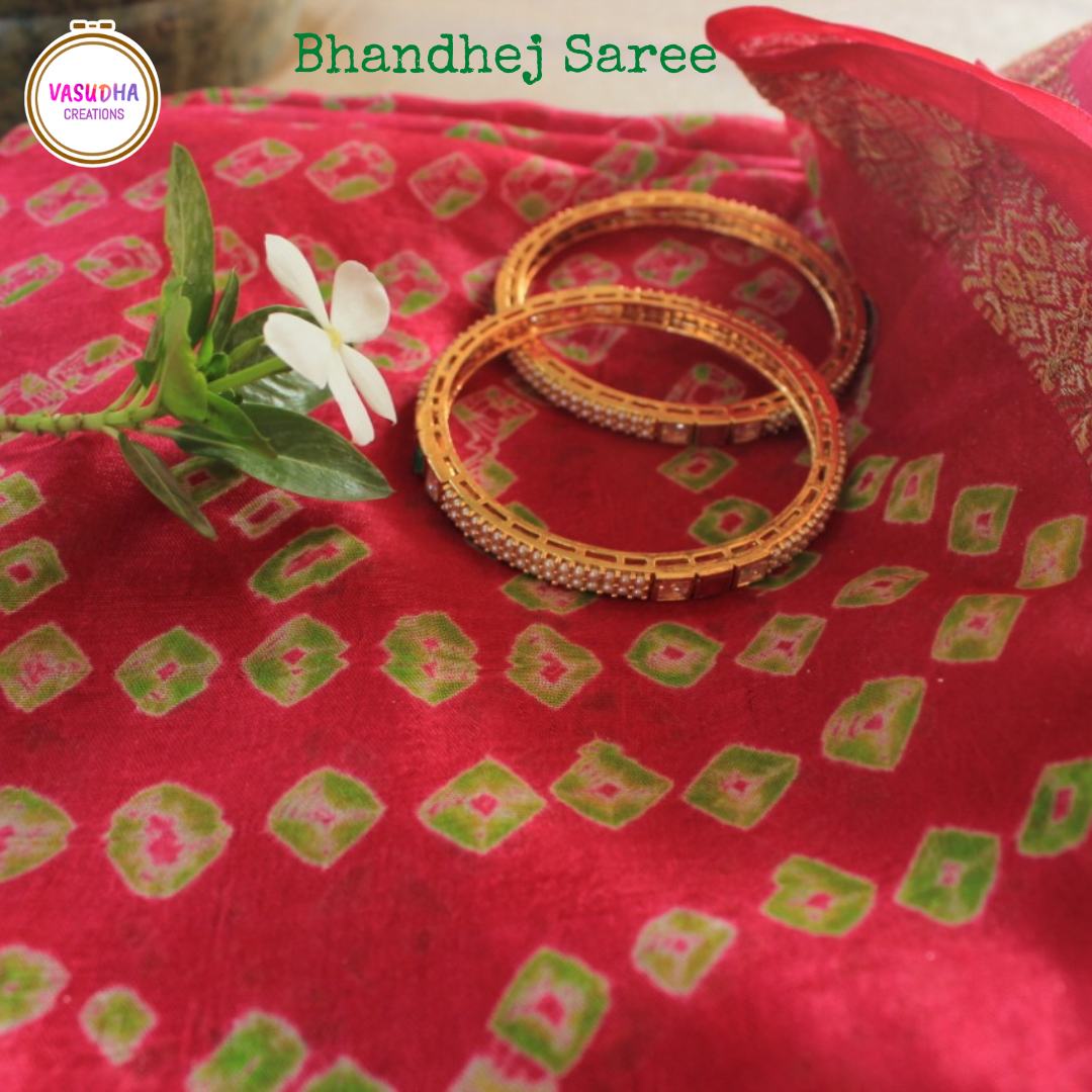 Red Bandhej with Green Block Colored Traditional Wear Saree with Zari Border