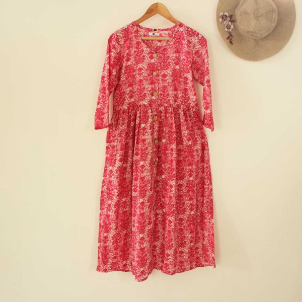 My Indian Brand Block printed cotton dress floral pink white