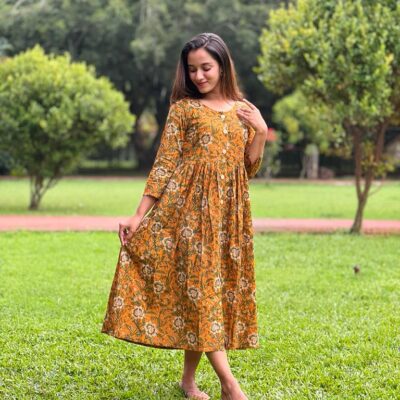 MyIndianBrand Block Printed Floral Cotton Dress (Mustard Brown, Floral)