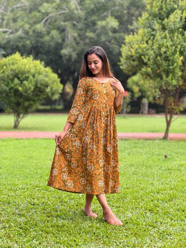 MyIndianBrand Block Printed Floral Cotton Dress (Mustard Brown, Floral)