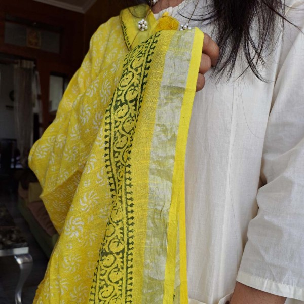 my indian brand cotton linen lemon-yellow-floral-green-dupatta_myindianbrand