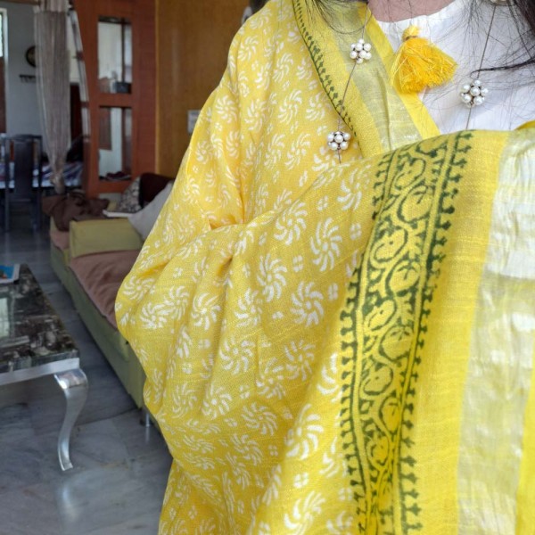 my indian brand linen lemon-yellow-floral-green-dupatta myindianbrand