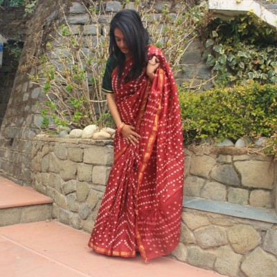 myindianbrand art silk Bandhani saree red white
