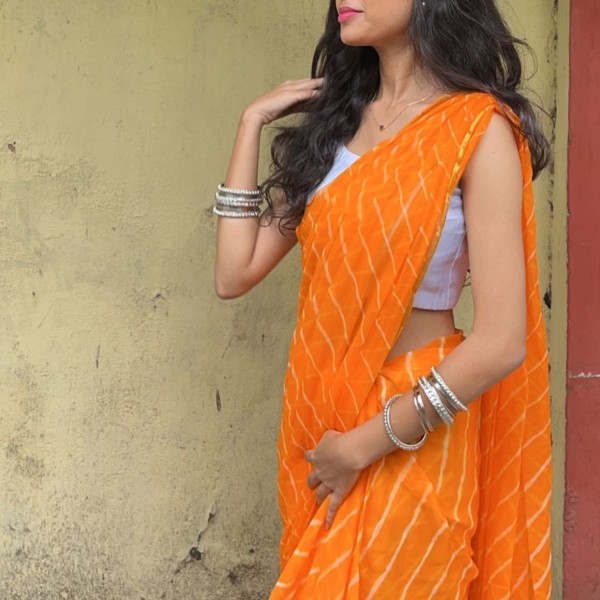 my indian brand orange leheriya chiffon saree